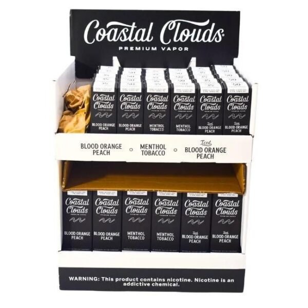 COASTAL CLOUDS PRE FILLED COUNTERTOP DISPLAY 54CT -24x60ML + 30x30ML - BLOOD ORANGE PEACH, MENTHOL TOBACCO, ICED BLOOD ORANGE PEAC