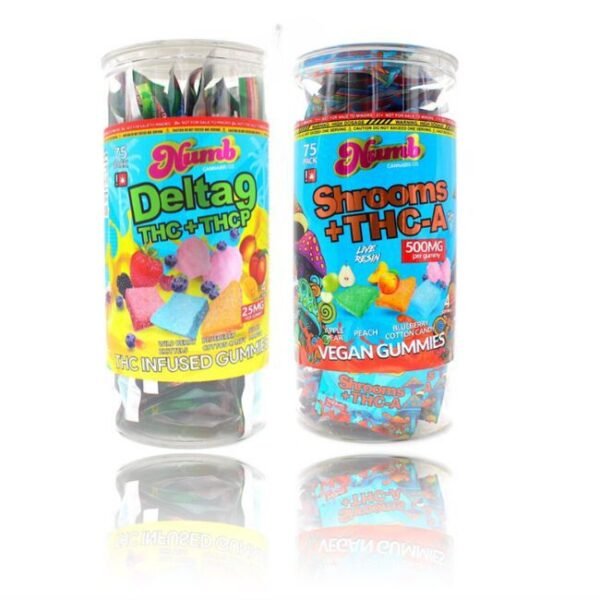 NUMB SHROOMS + THC-A - ASSORTED FLAVORS VEGAN GUMMIES - 500MG PER GUMMY - 75CT/JAR