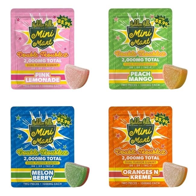 HIDDEN HILLS MINI MART DOUBLE TROUBLEZ D8 + D9 + THCP DUAL FLAVOR 2000MG GUMMIES 2CT/30PK DISPLAY HIDDEN HILLS MINI MART DOUBLE TROUBLEZ D8 + D9 + THCP DUAL FLAVOR 2000MG GUMMIES 2CT/30PK DISPLAY