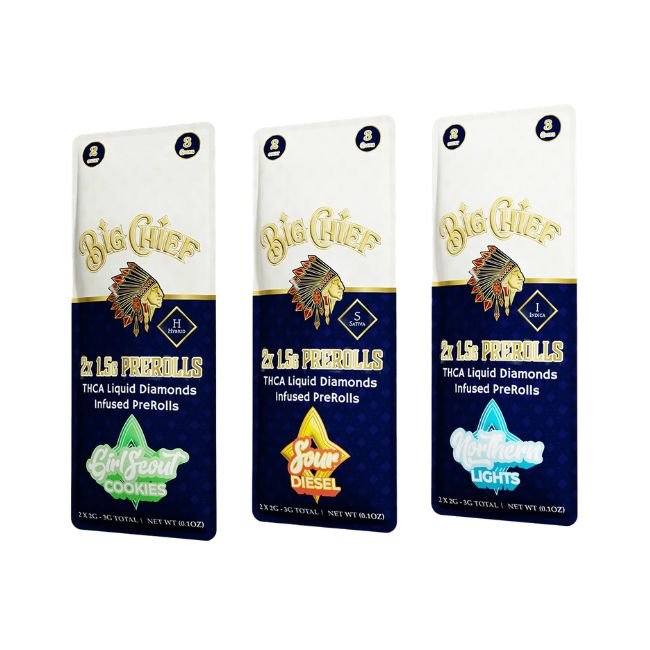 BIG CHIEF LIQUID DIAMOND THC-A INFUSED 2 X 1.5GM PRE ROLLS 10CT DISPLAY BIG CHIEF LIQUID DIAMOND THC-A INFUSED 2 X 1.5GM PRE ROLLS 10CT DISPLAY