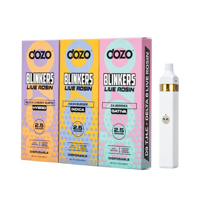DOZO BLINKERS D9 THC + D8 LIVE ROSIN 2.5GM DISPOSABLE VAPE 5CT BOX DOZO BLINKERS D9 THC + D8 LIVE ROSIN 2.5GM DISPOSABLE VAPE 5CT BOX