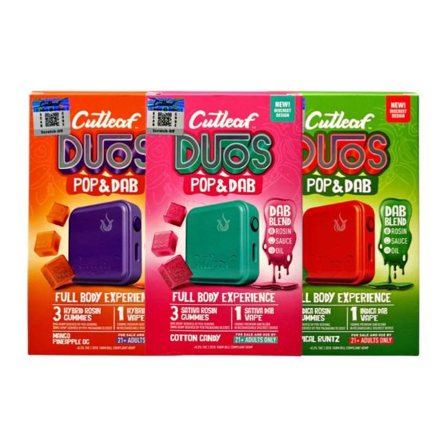 CUTLEAF DUOS POP & DAB 3PK GUMMIES + 1GM DAB VAPE DISPO 6CT/ BOX CUTLEAF DUOS POP & DAB 3PK GUMMIES + 1GM DAB VAPE DISPO 6CT/ BOX