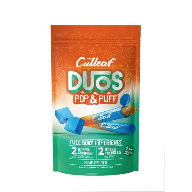 CUTLEAF DUOS POP & PUFF 2PK GUMMIES + 2GM 2PK PRE ROLLS JOINTS 10CT/ BOX CUTLEAF DUOS POP & PUFF 2PK GUMMIES + 2GM 2PK PRE ROLLS JOINTS 10CT/ BOX