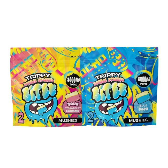 TRIPPY BITEZ DOUBLE STACKED MUSHIES 2000MG GUMMIES 2CT/PK 60CT DISPLAY TRIPPY BITEZ DOUBLE STACKED MUSHIES 2000MG GUMMIES 2CT/PK 60CT DISPLAY