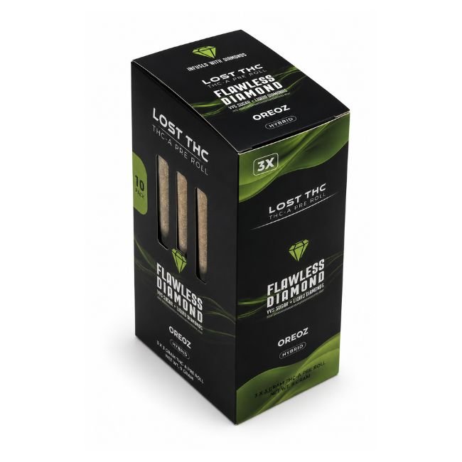 LOST THC THC-A FLAWLESS DIAMOND VVS SUGAR + LIQUID DIAMOND 3 X 2GM PRE ROLL 10CT DISPLAY LOST THC THC-A FLAWLESS DIAMOND VVS SUGAR + LIQUID DIAMOND 3 X 2GM PRE ROLL 10CT DISPLAY