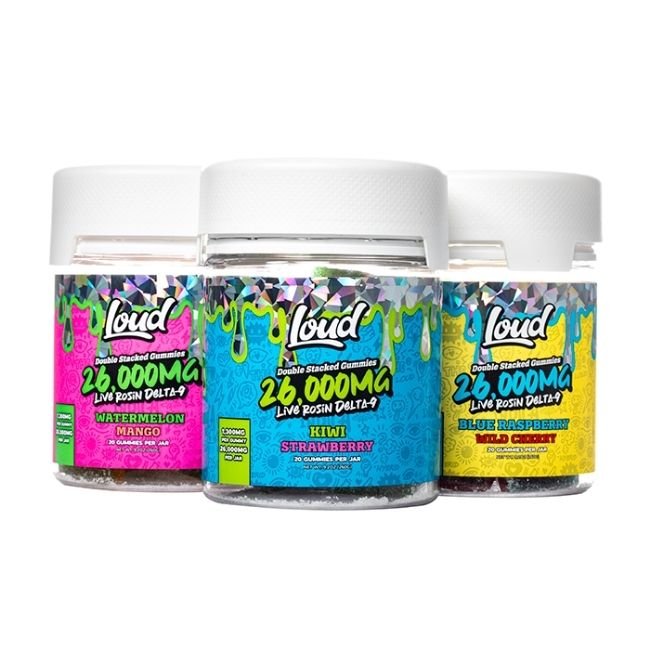 LOUD DOUBLE STACKED 26000MG LIVE ROSIN D9 GUMMIES 20CT JAR LOUD DOUBLE STACKED 26000MG LIVE ROSIN D9 GUMMIES 20CT JAR