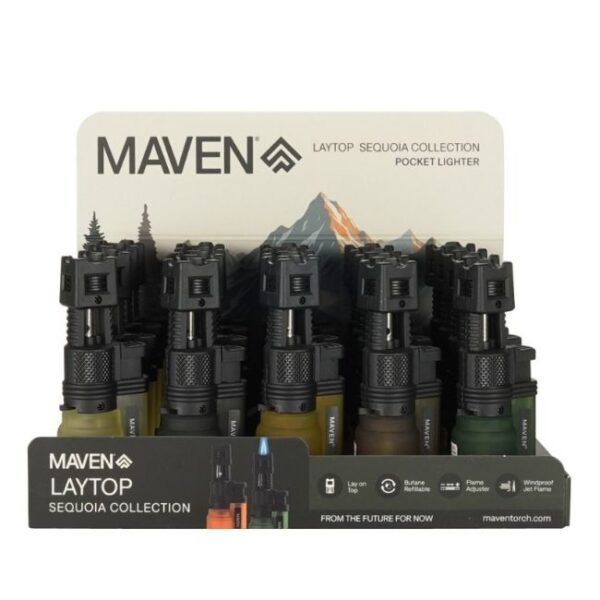 MAVEN LAYTOP SEQUOIA COLLECTION POCKET WIND PROOF TORCH LIGHTER 20CT/ DISPLAY