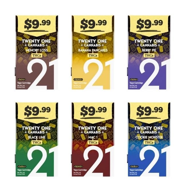 TWENTY ONE CANNABIS THC-A PRE PRICE $9.99 1ML CARTS 6CT DISPLAY TWENTY ONE CANNABIS THC-A PRE PRICE $9.99 1ML CARTS 6CT DISPLAY